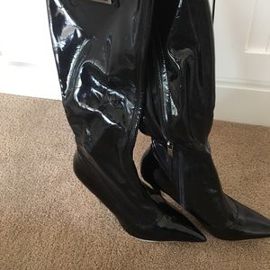 Black Patent Leather Silver Heeled Boots